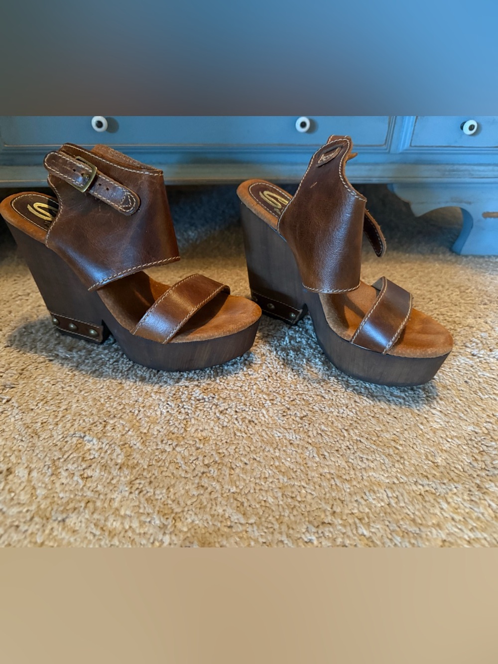 New Sbicca Brown Leather Platform Wedge Sandals 7 Anthropologie $198